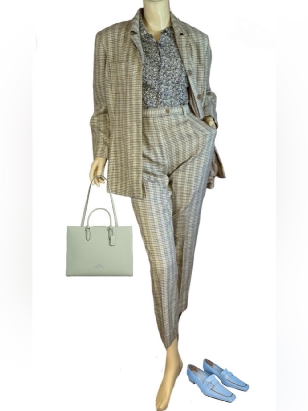 VINTAGE 1990'S ANN TAYLOR & GREEN, BROWN & BLUE SILK & WOOL PLAID PANTSUIT (14)